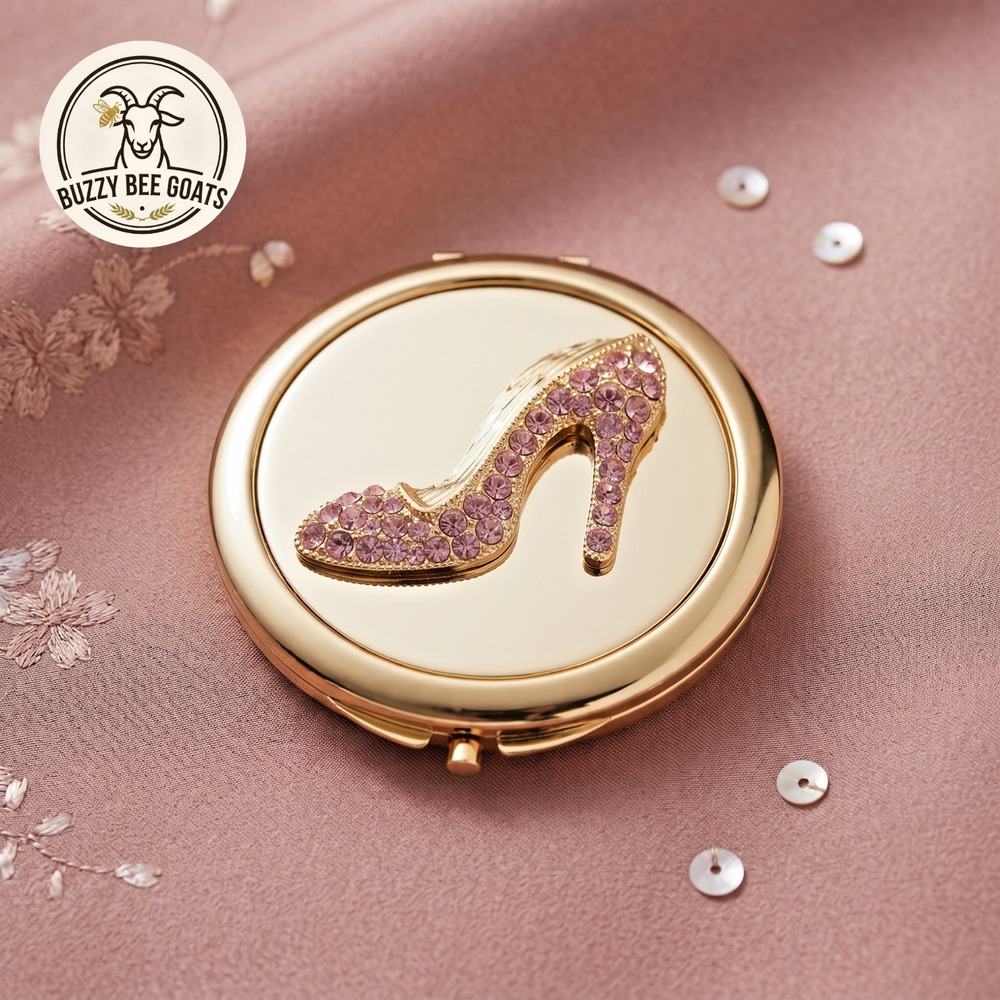 Monet Jewelry Metal Compact Mirror – Pink Crystal High Heel Design, 2.75"